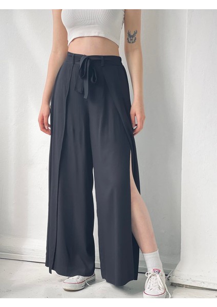 Yırtmaç Detaylı Wide-Leg Pantolon Etek Kadın Siyah