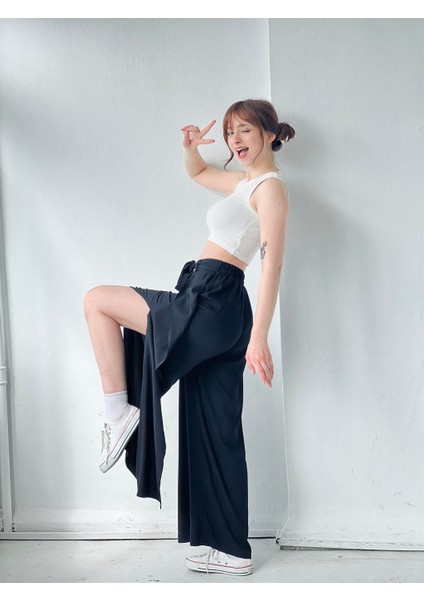 Yırtmaç Detaylı Wide-Leg Pantolon Etek Kadın Siyah