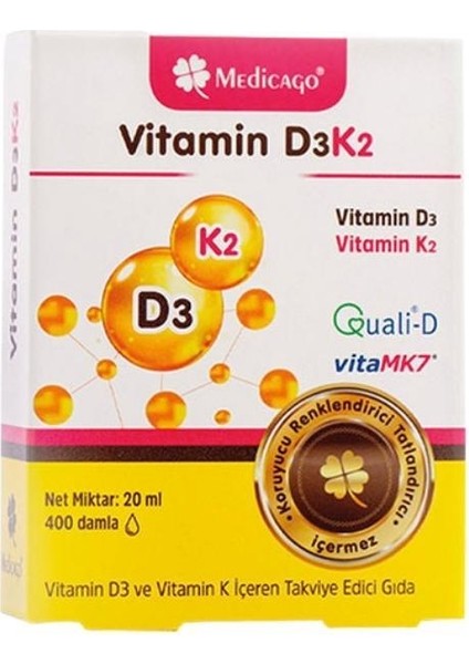 Medicago Vitamin D3k2 Vitamin D3 Ve Vitamin K2 Içeren Takviye Edici Gıda 400 Damla 20ml