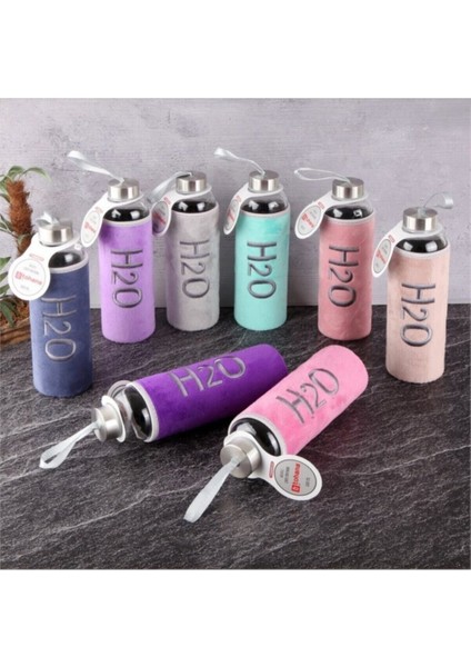 Borosilikat H20 Desenli Peluş Kılıflı Cam Matara Gri 600 ml