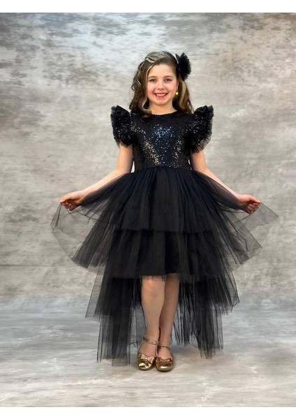 Pullu Kuyruklu Kız Çocuk Fırfırlı Tüllü Elbise