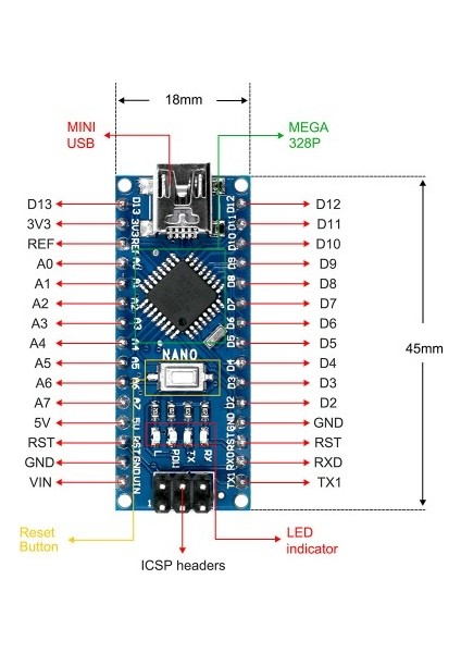 Roba Arduino Nano 3.0 ATMEGA328 CH340 Mini USB Kod Yazılım Geliştirme Eğitim Kartı Programlama Diy
