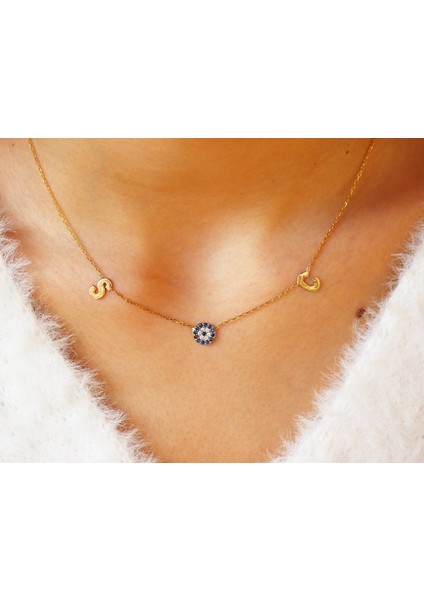 925 Ayar Gümüş Çift Harf Nazar Boncuğu Kolye