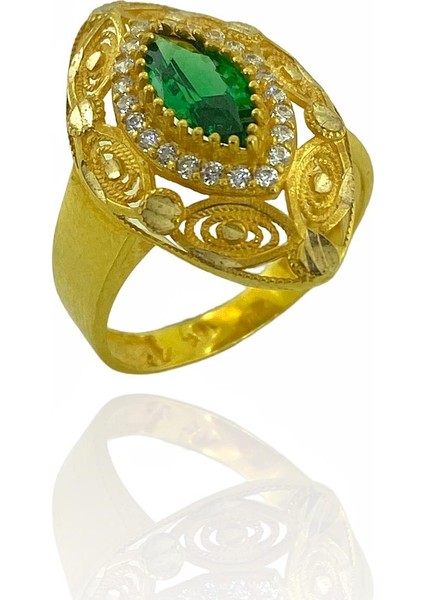 8 Ayar Mekik Zümrüt Taş Maraş Kalemkar İşleme Altın Yüzük fiyatları