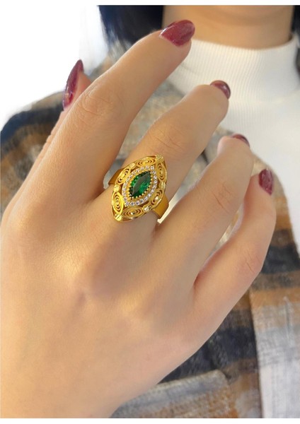 8 Ayar Mekik Zümrüt Taş Maraş Kalemkar İşleme Altın Yüzük modelleri