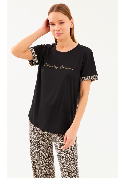 Kadın Leopar Alt Siyah Tshirt 2li Pijama Takım