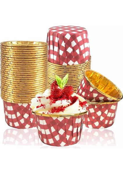 Muffin Kek Kapsülü Kare Desenli Kırmızı-Altın 25LI - V