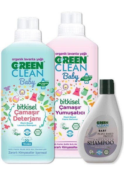 Green Clean Baby Şampuan 275 Ml, Çamaşır Yumuşatıcı ve Deterjanı 1 Lt