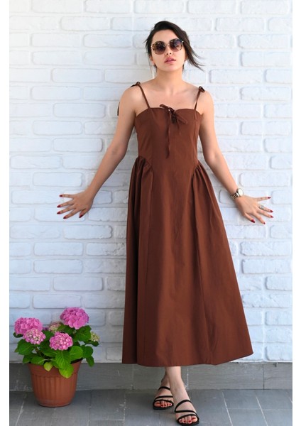 Kadın Poplin Kumaş Askılı Uzun Elbise 5069-22