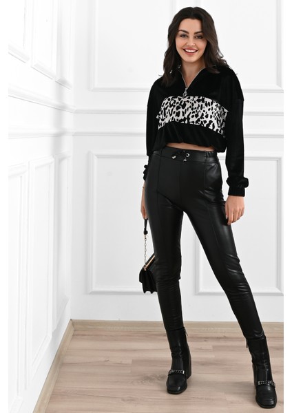 Kadın Kuş Gözü Detaylı Suni Deri Tayt 6016-23