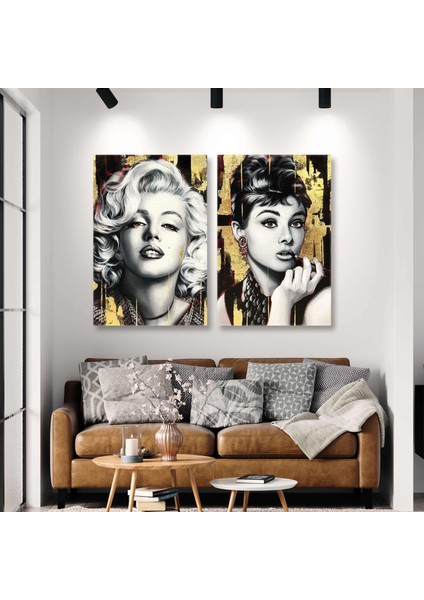 Gold Detaylı Audrey Hepburn ve Marlyn Monroe Ikili Kombin 2 Li Set Kanvas Tablo