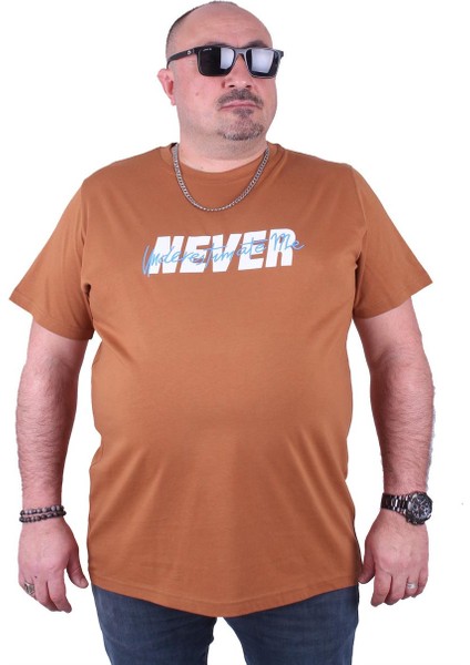 Büyük Beden Erkek Baskılı Tişört Never 23135 Vizon10