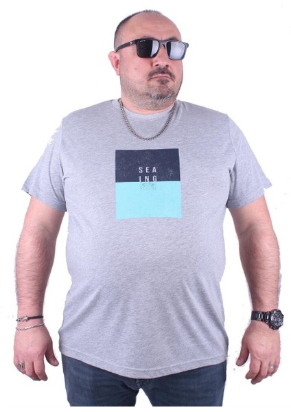 Büyük Beden Erkek Baskılı Tişört Seaing 23136 Gri Melanj10