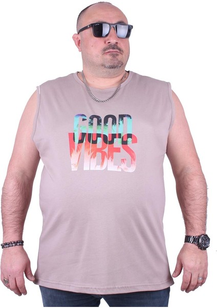 Büyük Beden Erkek Baskılı Kolsuz Tişört Good Vibes 23141 Toprak10