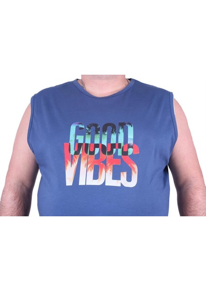 Büyük Beden Erkek Baskılı Kolsuz Tişört Good Vibes 23141 Indıgo10