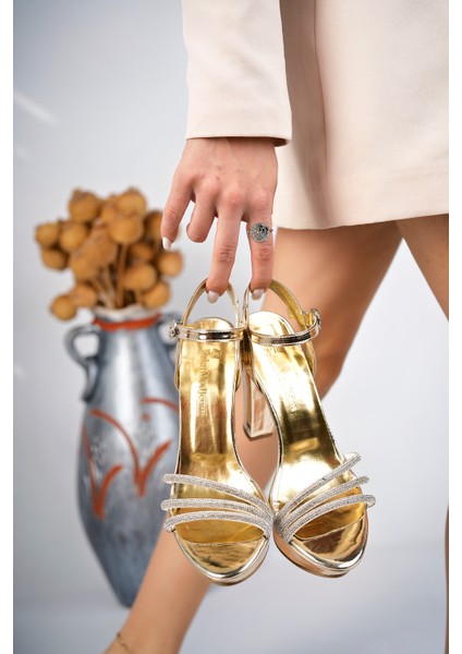 Altın Kadın Üç Taşlı Abiye Platform Topuklu Ayakkabı - Altın Dore - 37