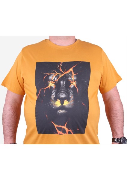 Büyük Beden Erkek Baskılı Tişört Lion 23138 Hardal10