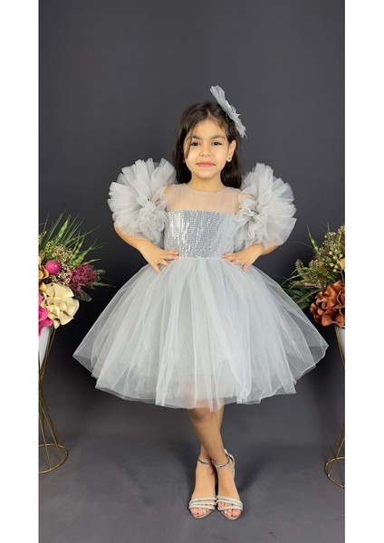 Mnk Baby Şifon Robalı Ponpon Kol Pul Payetli Kız Çocuk Kabarık Etek Tütülü Abiye