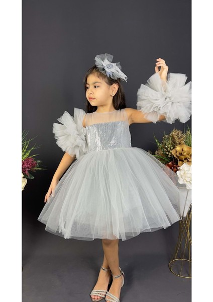 Mnk Baby Şifon Robalı Ponpon Kol Pul Payetli Kız Çocuk Kabarık Etek Tütülü Abiye fiyatları