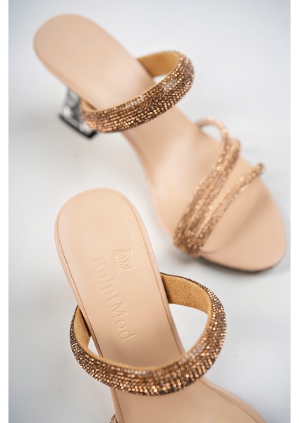 Ten Kadın Geniş ve Üç Taşlı Abiye Günlük Şeffaf Topuklu Terlik - Ten - 36