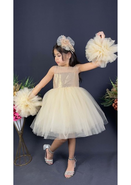 Mnk Baby Şifon Robalı Ponpon Kol Pul Payetli Kız Çocuk Kabarık Etek Tütülü Abiye