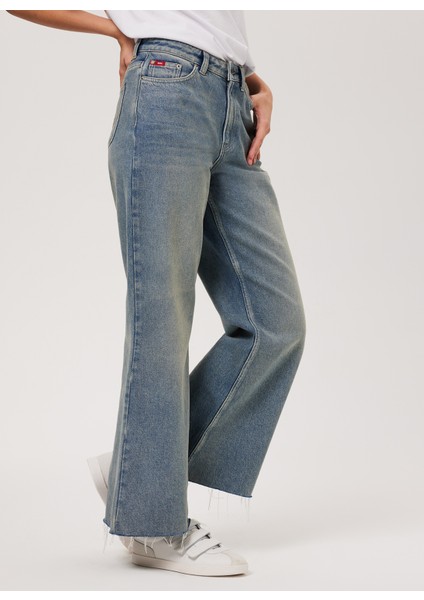 Yüksek Bel Geniş Paça Straight Kadın Denim Pantolon 232 Lcf 121022 Sandy Blue Lıght