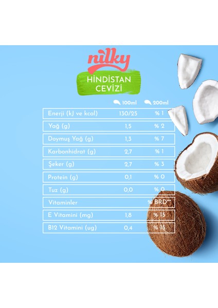 Hindistan Cevizi Sütü Glütensiz Bitkisel  Bazlı Laktosuz Vegan 8x1 lt