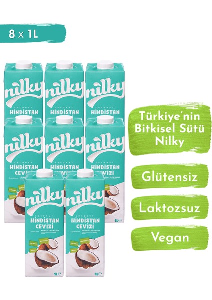 Hindistan Cevizi Sütü Glütensiz Bitkisel  Bazlı Laktosuz Vegan 8x1 lt