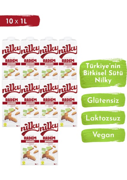 Şekersiz Badem Sütü Glütensiz Bitkisel Bazlı Laktosuz Vegan 10x1 lt