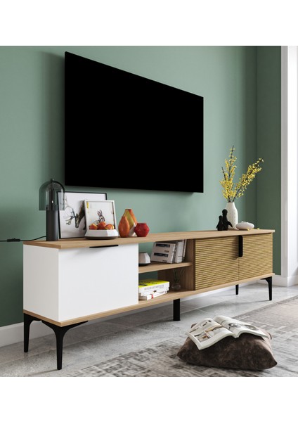 Tarz Raflı 180 cm Metal Kulp Tv Ünitesi (Sepet - Beyaz) DUBLIN001