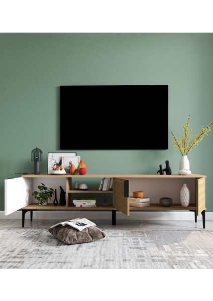 Tarz Raflı 180 cm Metal Kulp Tv Ünitesi (Sepet - Beyaz) DUBLIN001 modelleri