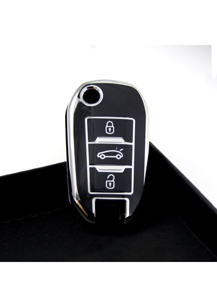 Peugeot 508 3 Buton Sustalı Siyah-Gümüş Oto Anahtar Kumanda Kabı Kılıfı Oto Anahtarlık