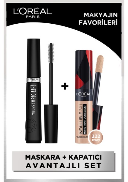 Telescopic Lift Maskara + L'oréal Paris Infaillible Tüm Yüze Uygulanabilir Kapatıcı 322 Ivory