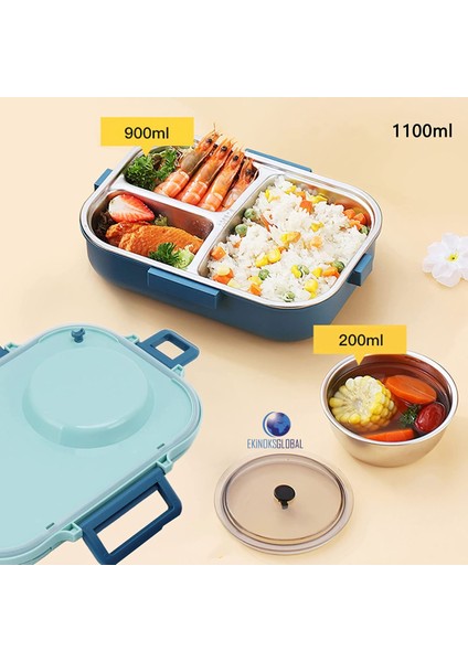 Taşınabilir Dört Bölmeli 304 Paslanmaz Çelik Yemek Kutusu Sefer Tası 1100 ml