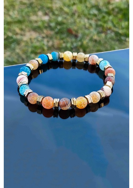 Yengeç Akik Orijinal Doğal Taş Altın Detaylı Ayarlanabilir Unisex Bileklik