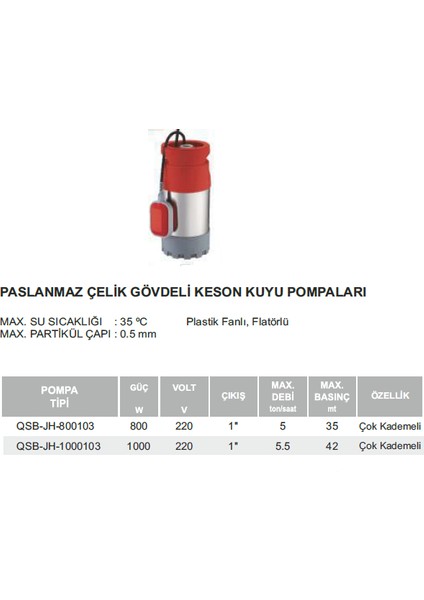 Venedik Pro QSB-JH-1000103 - 1000W 220V Paslanmaz Çelik Gövdeli Keson Kuyu Dalgıç Pompa 3G Sulama