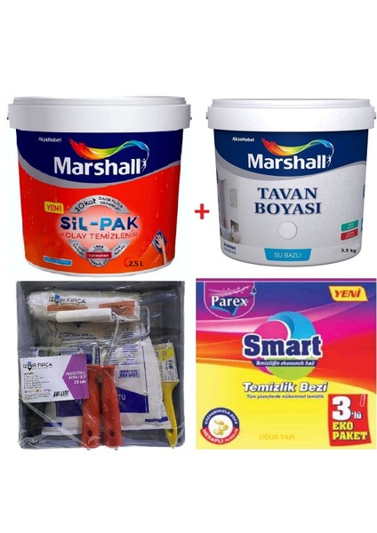 Silikonlu Sil - Pak Leke Tutmaz Duvar Boyası 2 5 Lt + Marshall Tavan Boyası 3 5 kg + Izmir Fırça Duvar Boyama Seti