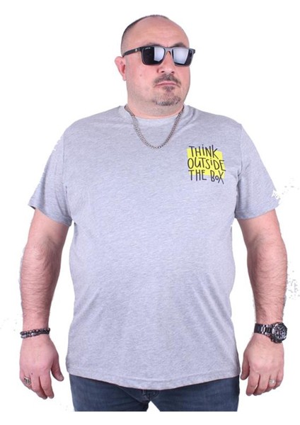 Büyük Beden Erkek Baskılı Tişört Outside 23137 Gri Melanj10