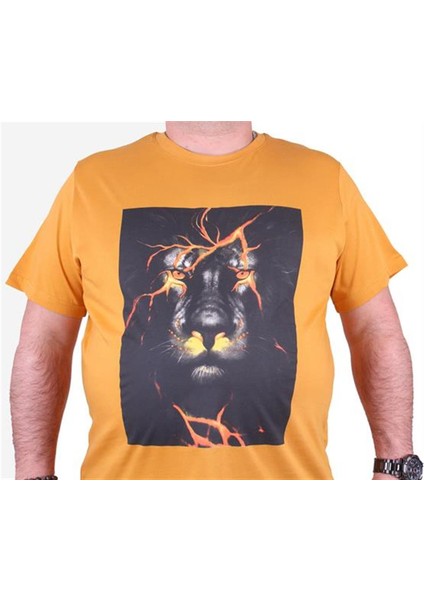 Büyük Beden Erkek Baskılı Tişört Lion 23138 Hardal10
