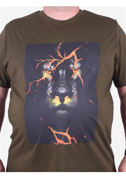 Büyük Beden Erkek Baskılı Tişört Lion 23138 Askeri Yeşil10