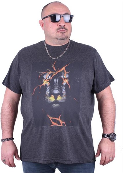 Büyük Beden Erkek Baskılı Tişört Lion 23138 Antrasit Melanj10