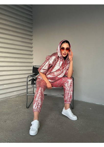 Foa Fashion Oversize Kırmızı Silver Baskı Kapüşonlu Iki Iplik Takım