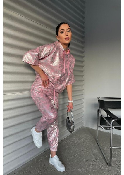 Foa Fashion Oversize Pembe Silver Baskı Kapüşonlu Iki Iplik Takım