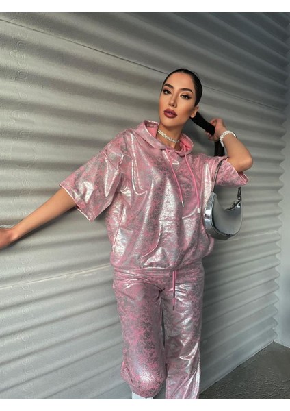 Foa Fashion Oversize Pembe Silver Baskı Kapüşonlu Iki Iplik Takım