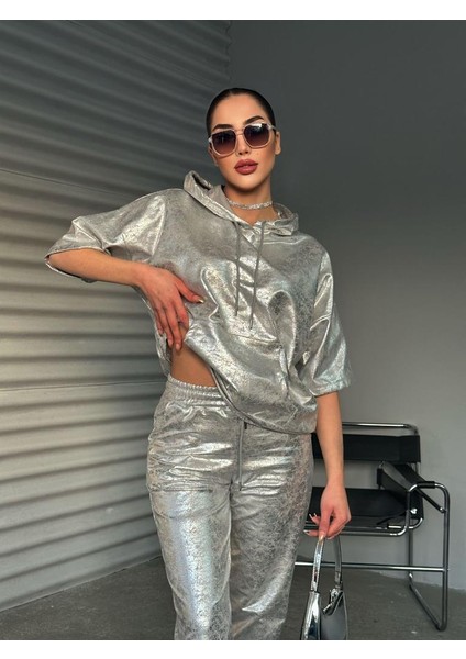 Foa Fashion Oversize Gri Silver Baskı Kapüşonlu Iki Iplik Takım