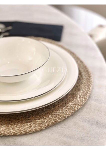 Krem Şeritli Hasır Supla | Örgü Amerikan Servis | 35 cm Çap Supla | 1 Adet