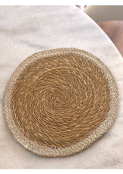 Krem Şeritli Hasır Supla | Örgü Amerikan Servis | 35 cm Çap Supla | 1 Adet