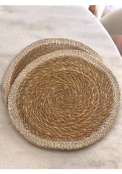 2 Adet Krem Şeritli Hasır Supla | Örgü Amerikan Servis | 35 cm Çap Supla | 2 Adet