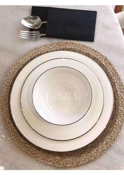 2 Adet Krem Şeritli Hasır Supla | Örgü Amerikan Servis | 35 cm Çap Supla | 2 Adet