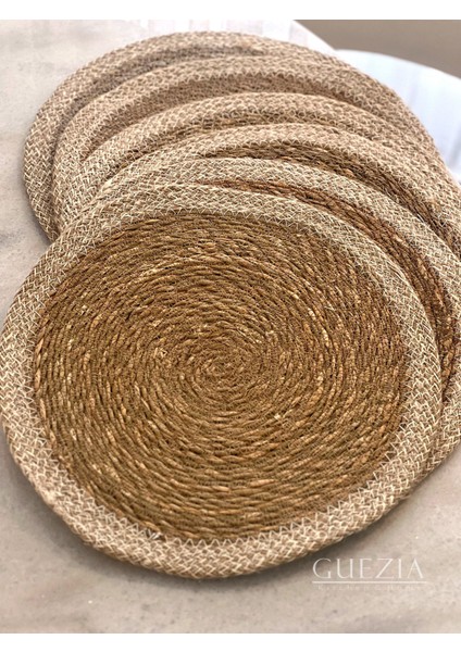 6 Adet Krem Şeritli Hasır Supla | Örgü Amerikan Servis | 35 cm Çap Supla | 6 Adet